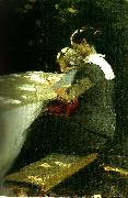 Peter Severin Kroyer figurstudie av anna ancher med helga i knaet oil painting on canvas